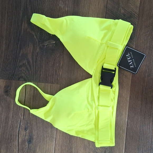 Zaful Other - NWT Large Neon Yellow Bikini Top with Adjutable Straps, Black Buckle
